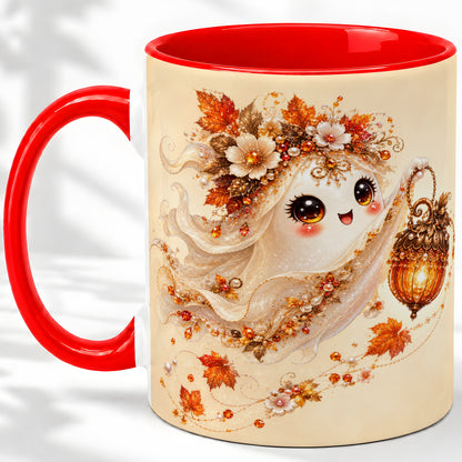 Autumn Ghost Lantern Ceramic Mug, Fall Floral Art for Ghost Fans