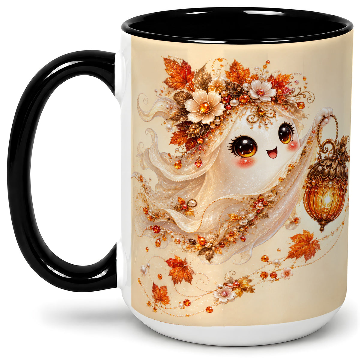 #pl[15oz|Black] Autumn Ghost Lantern Ceramic Mug, Fall Floral Art for Ghost Fans