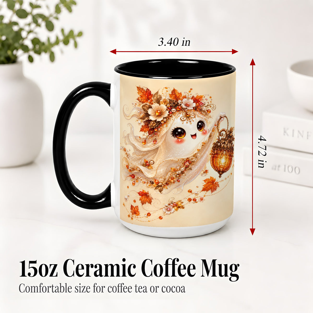 #pl[15oz|Black] Autumn Ghost Lantern Ceramic Mug, Fall Floral Art for Ghost Fans