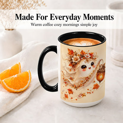 #pl[15oz|Black] Autumn Ghost Lantern Ceramic Mug, Fall Floral Art for Ghost Fans