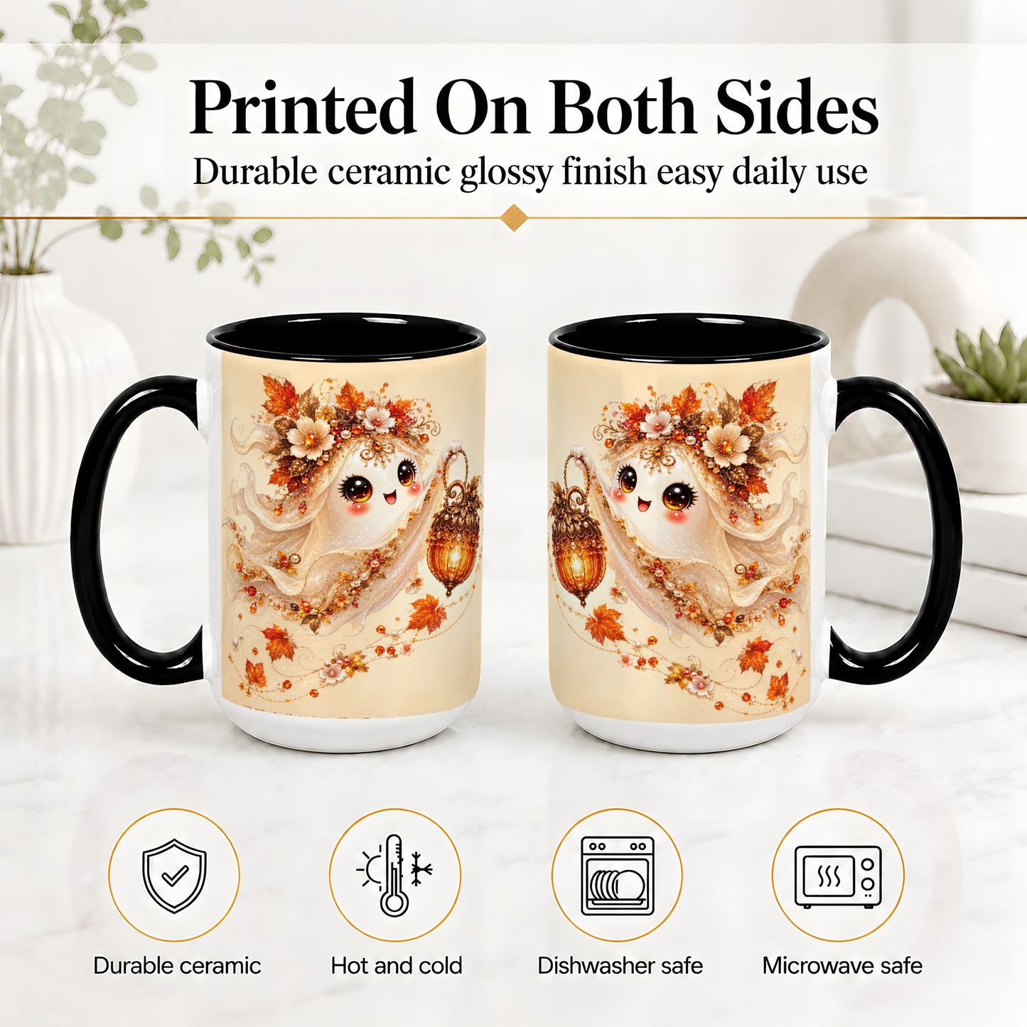 #pl[15oz|Black] Autumn Ghost Lantern Ceramic Mug, Fall Floral Art for Ghost Fans