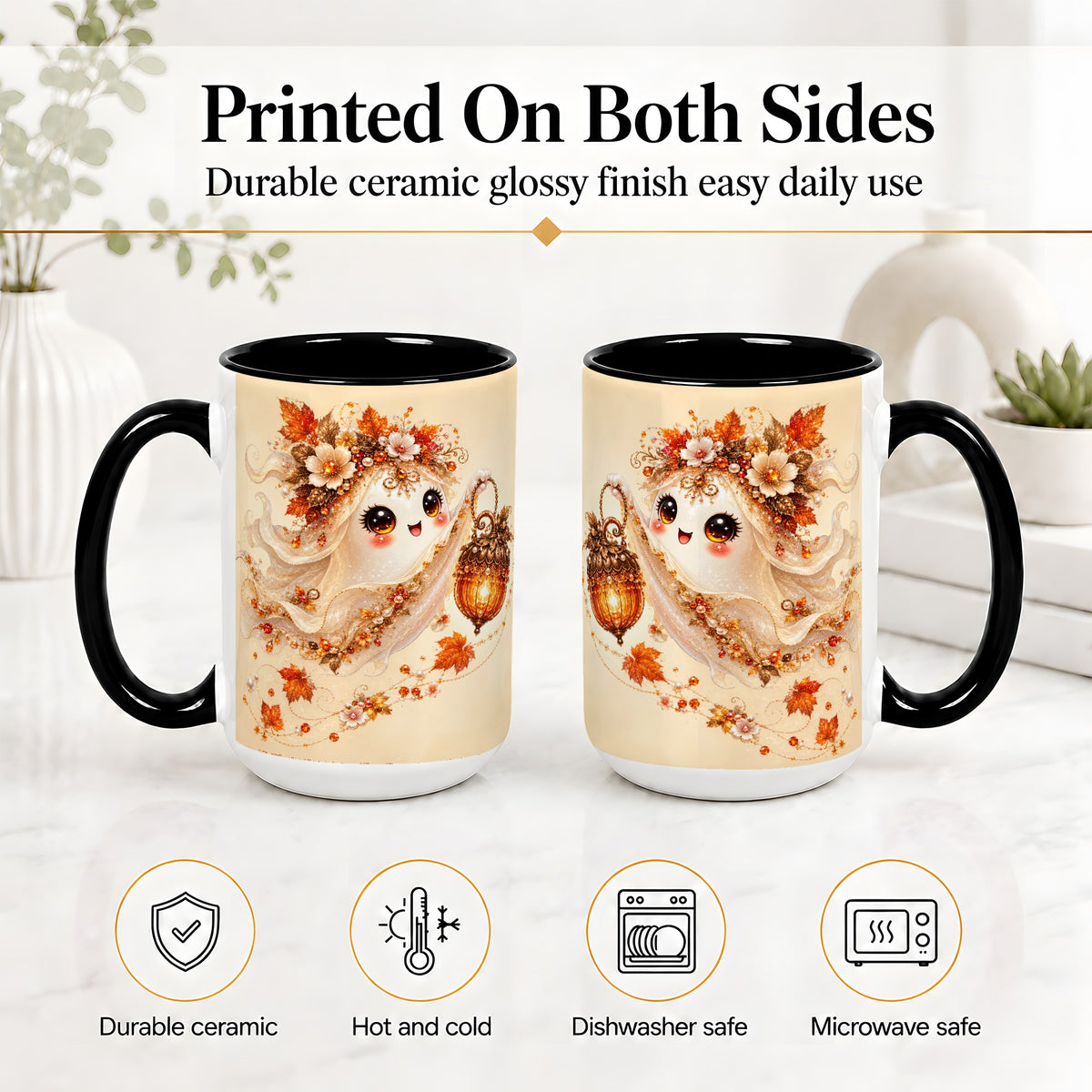 #pl[15oz|Black] Autumn Ghost Lantern Ceramic Mug, Fall Floral Art for Ghost Fans