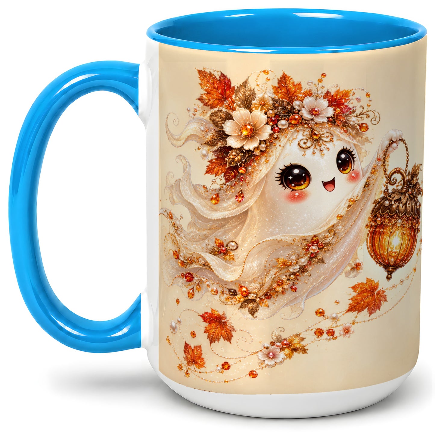 #pl[15oz|Blue] Autumn Ghost Lantern Ceramic Mug, Fall Floral Art for Ghost Fans