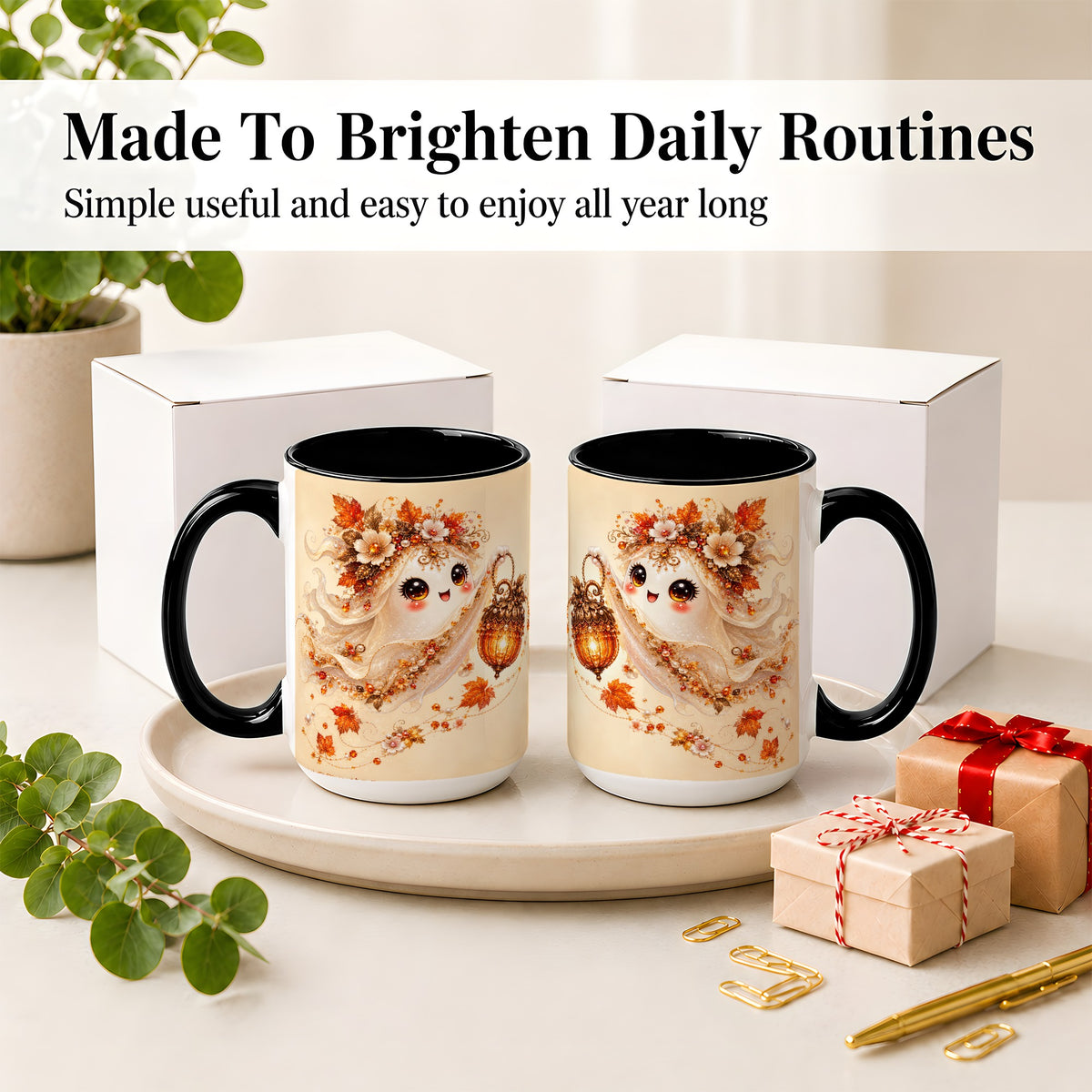 #pl[15oz|Black] Autumn Ghost Lantern Ceramic Mug, Fall Floral Art for Ghost Fans