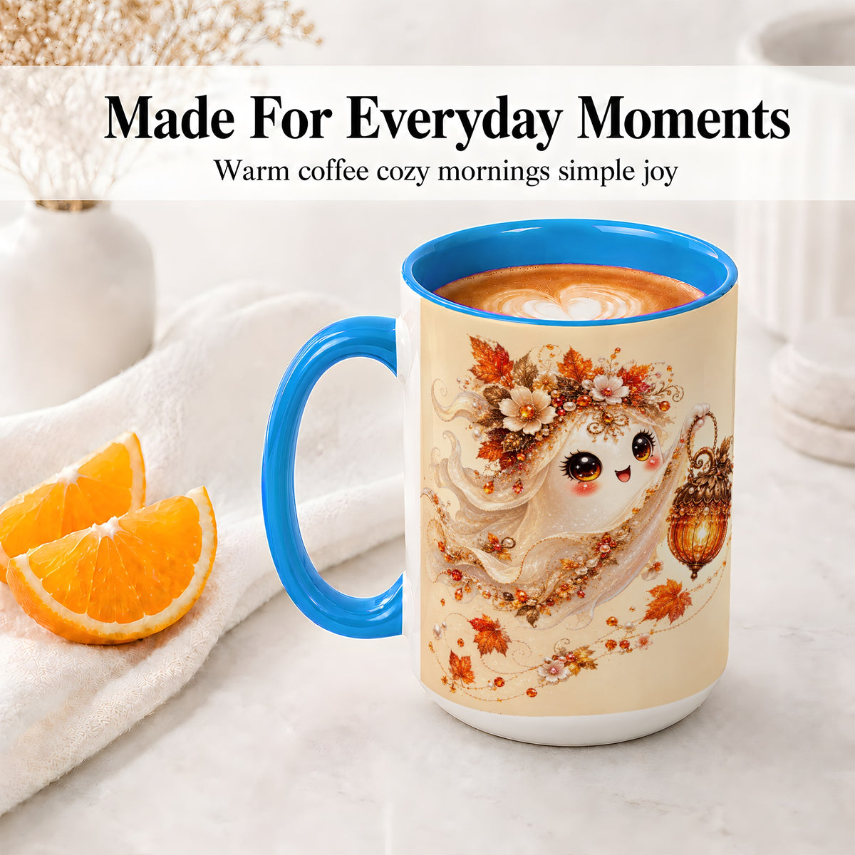 #pl[15oz|Blue] Autumn Ghost Lantern Ceramic Mug, Fall Floral Art for Ghost Fans
