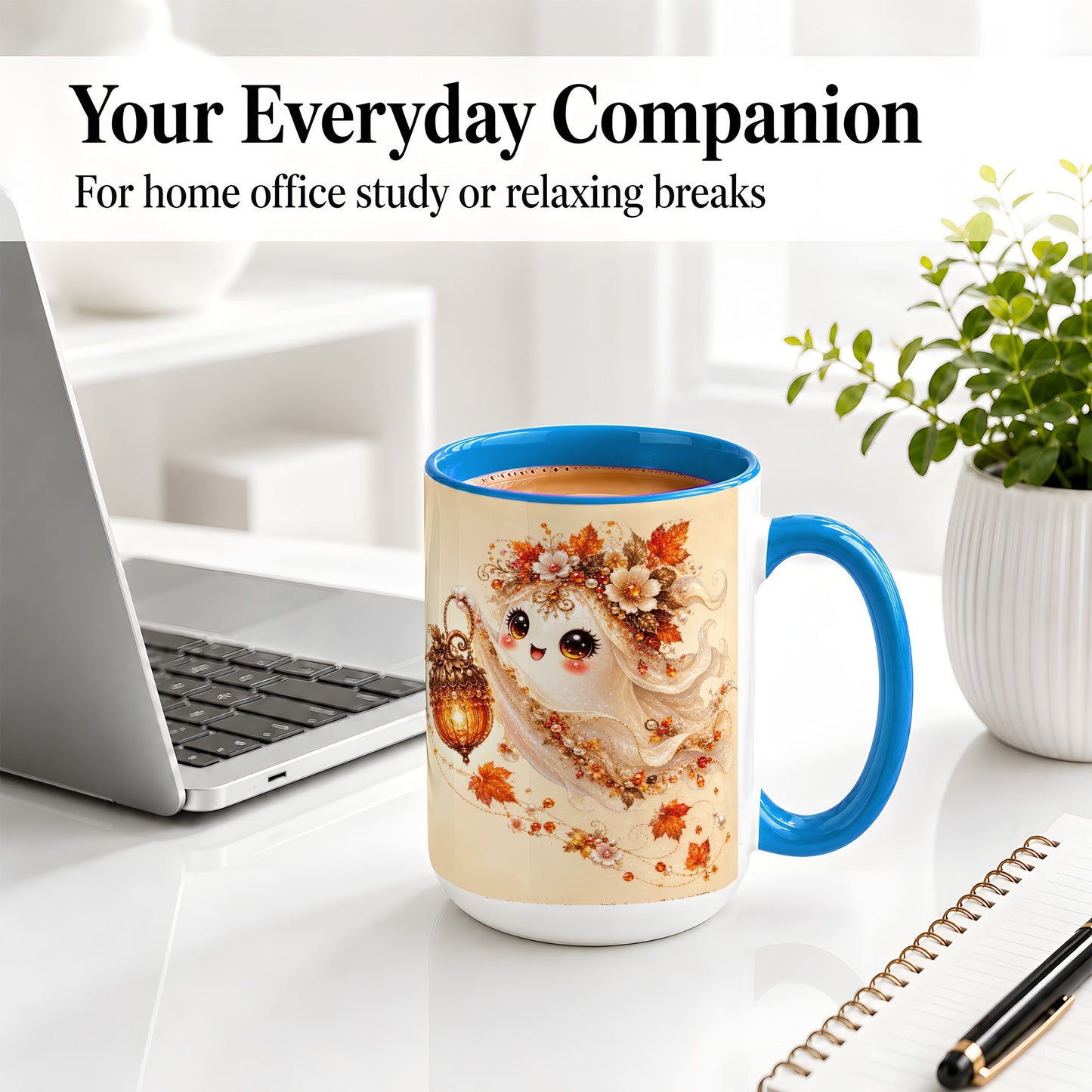 #pl[15oz|Blue] Autumn Ghost Lantern Ceramic Mug, Fall Floral Art for Ghost Fans