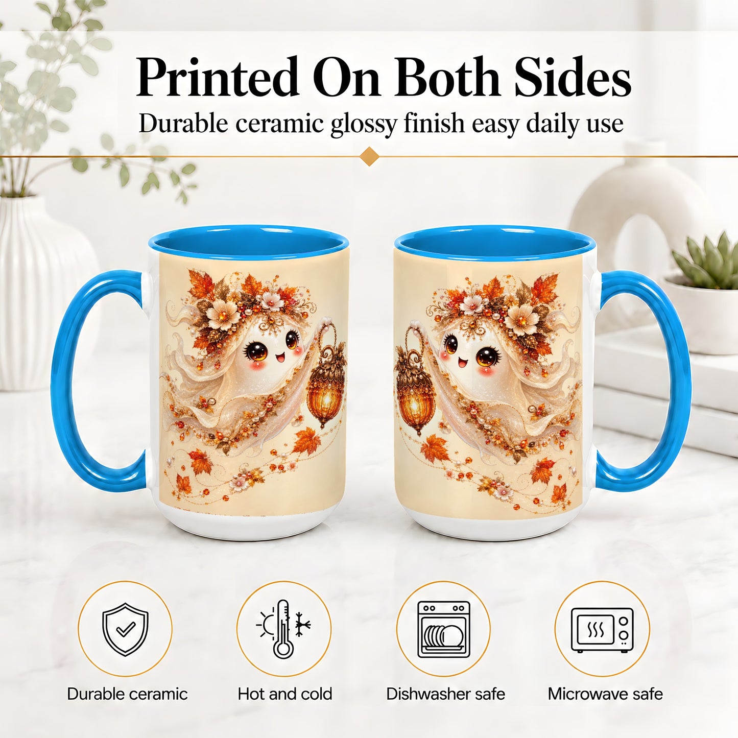 #pl[15oz|Blue] Autumn Ghost Lantern Ceramic Mug, Fall Floral Art for Ghost Fans