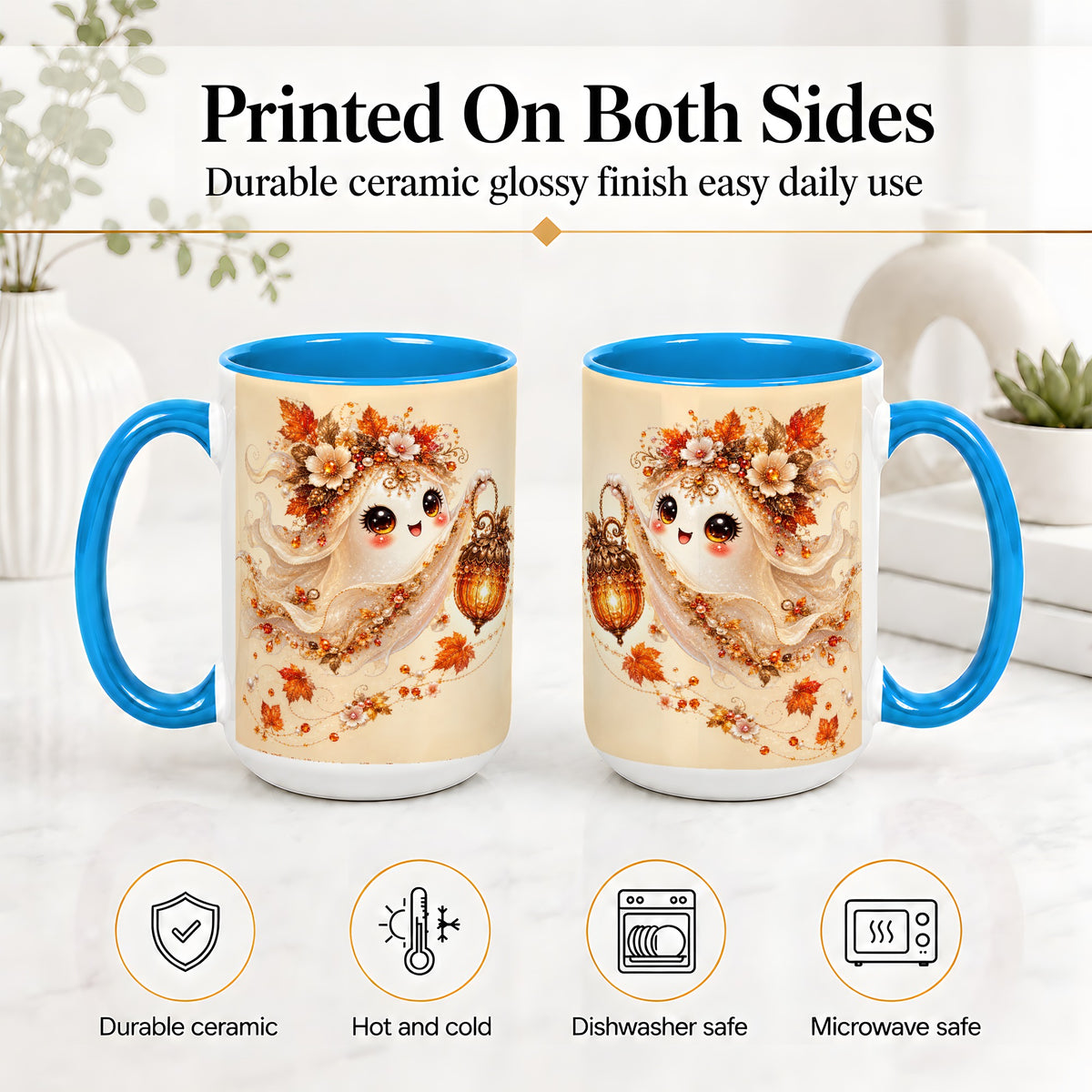 #pl[15oz|Blue] Autumn Ghost Lantern Ceramic Mug, Fall Floral Art for Ghost Fans