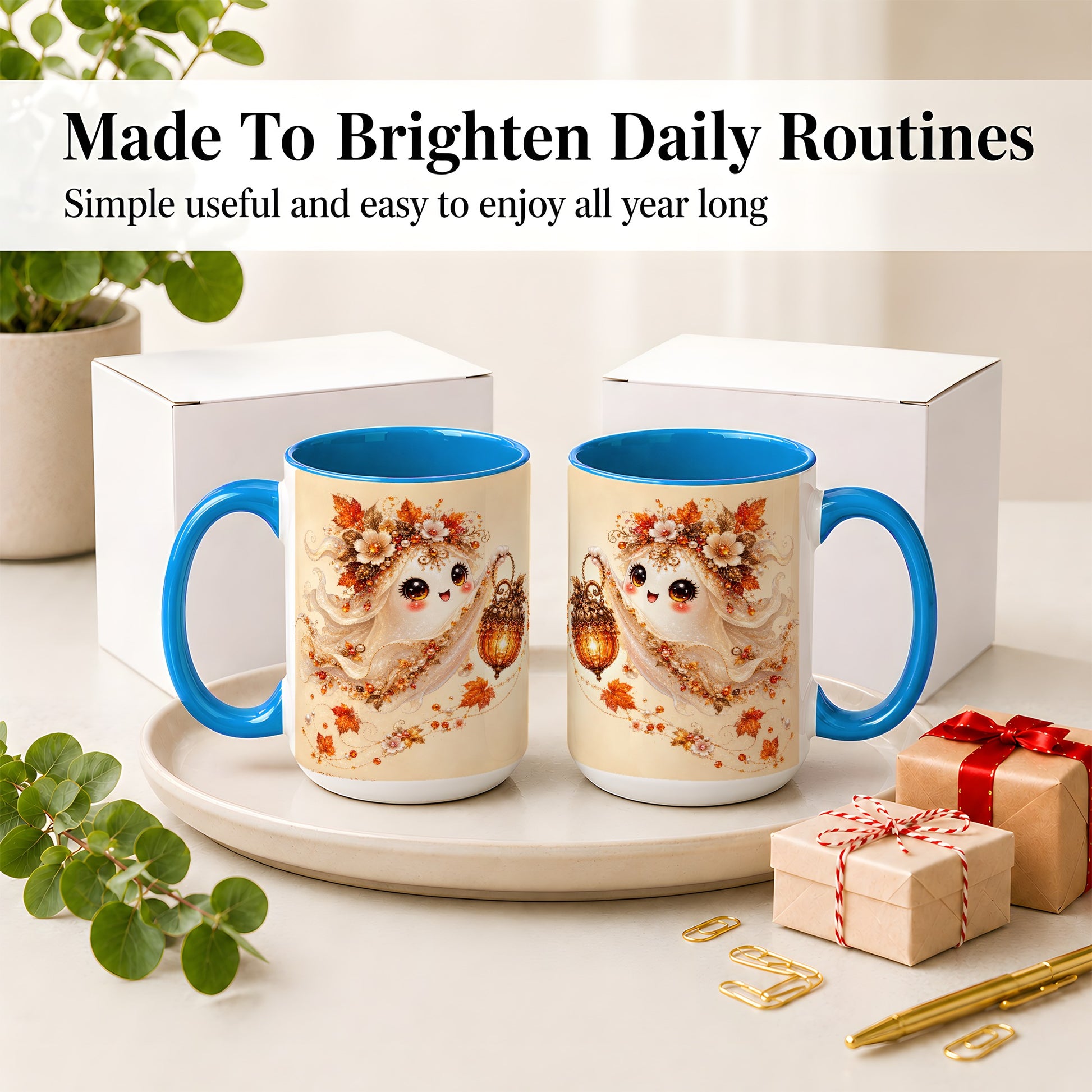 #pl[15oz|Blue] Autumn Ghost Lantern Ceramic Mug, Fall Floral Art for Ghost Fans
