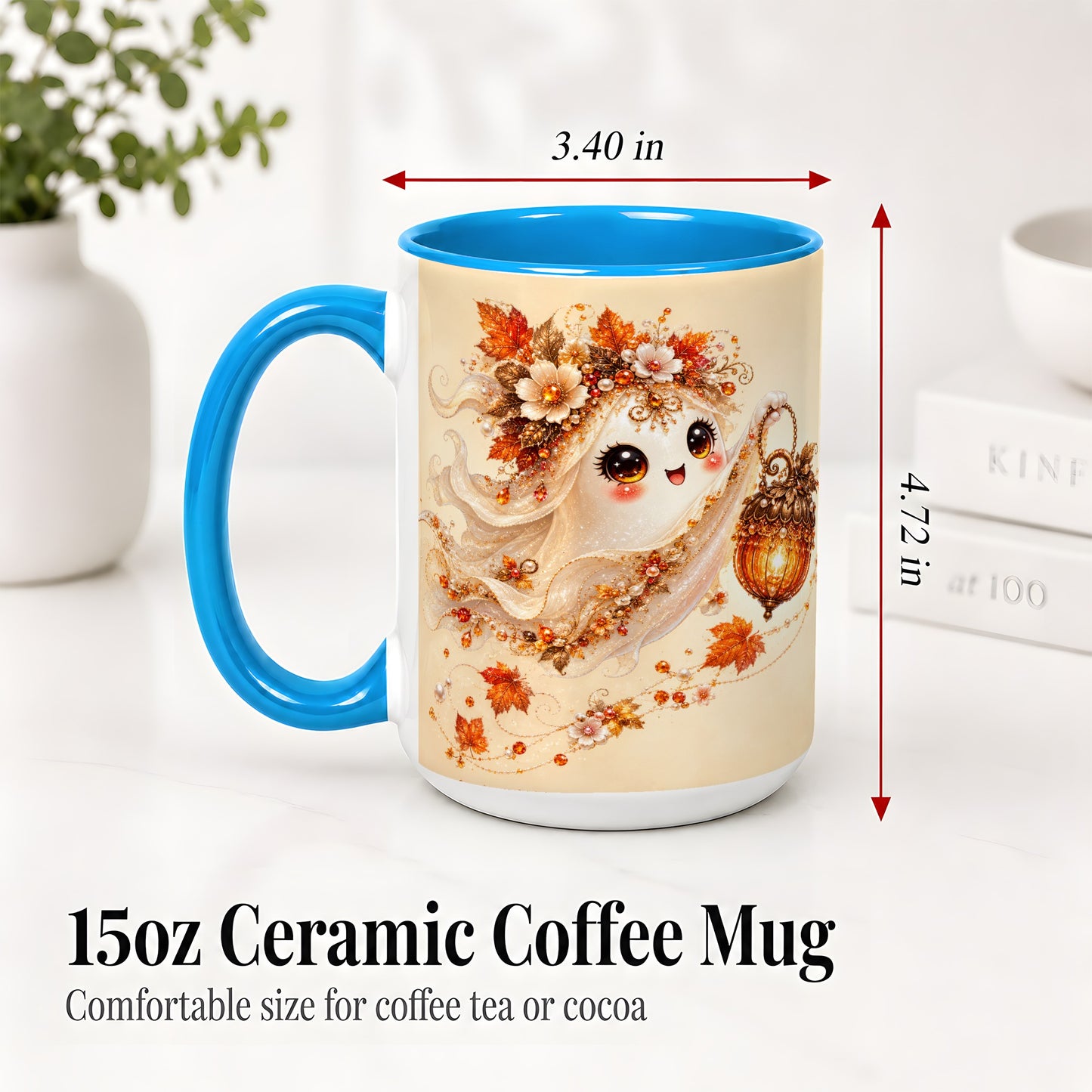 #pl[15oz|Blue] Autumn Ghost Lantern Ceramic Mug, Fall Floral Art for Ghost Fans
