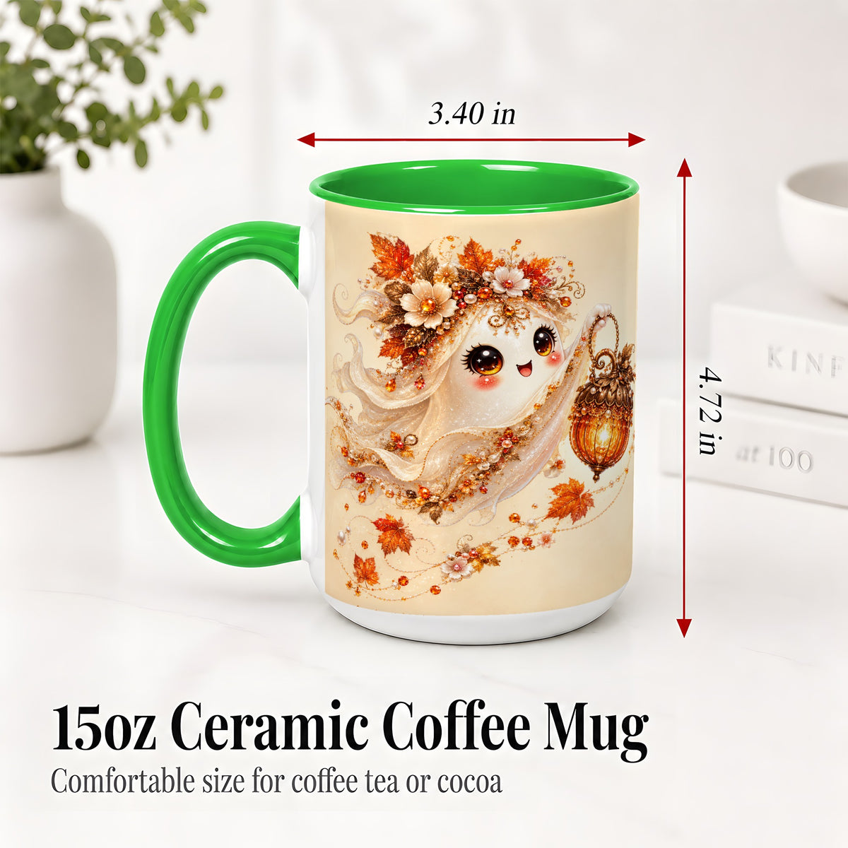 #pl[15oz|Green] Autumn Ghost Lantern Ceramic Mug, Fall Floral Art for Ghost Fans