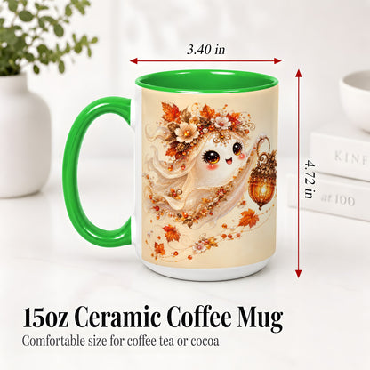 #pl[15oz|Green] Autumn Ghost Lantern Ceramic Mug, Fall Floral Art for Ghost Fans