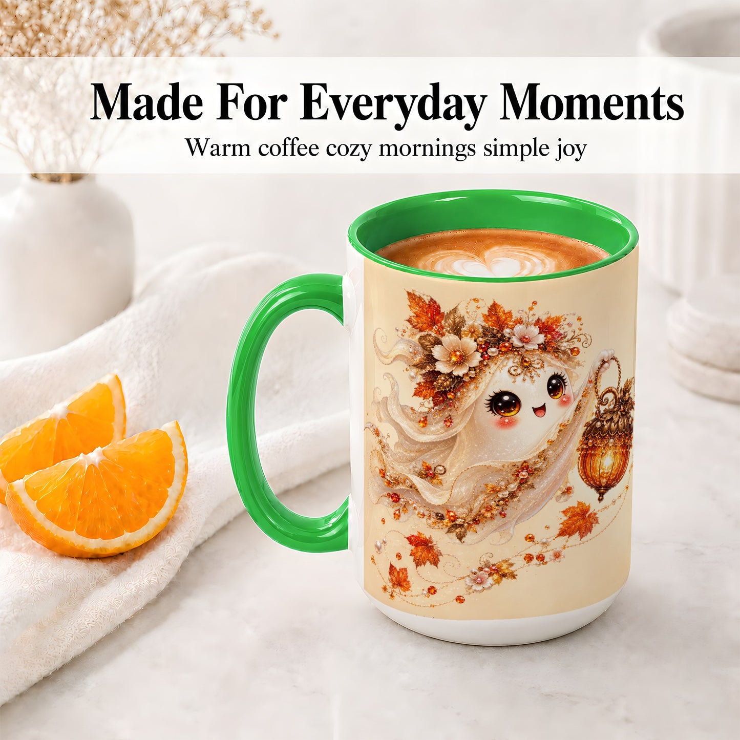 #pl[15oz|Green] Autumn Ghost Lantern Ceramic Mug, Fall Floral Art for Ghost Fans