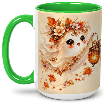 #pl[15oz|Green] Autumn Ghost Lantern Ceramic Mug, Fall Floral Art for Ghost Fans