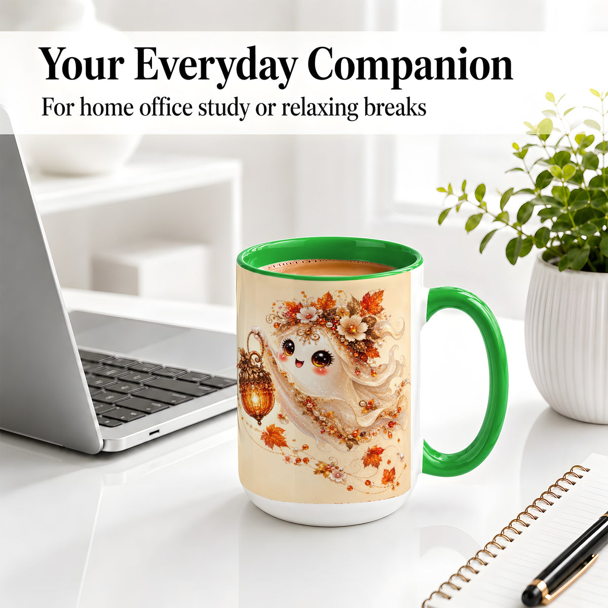 #pl[15oz|Green] Autumn Ghost Lantern Ceramic Mug, Fall Floral Art for Ghost Fans