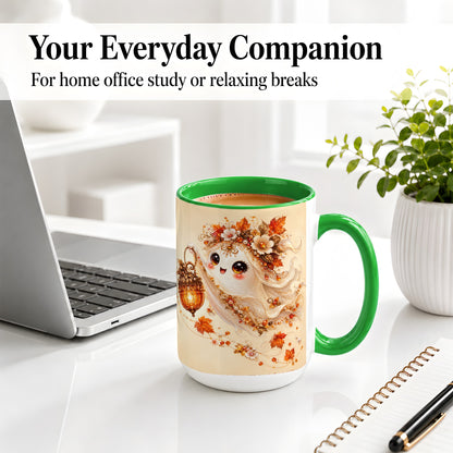 #pl[15oz|Green] Autumn Ghost Lantern Ceramic Mug, Fall Floral Art for Ghost Fans