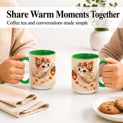 #pl[15oz|Green] Autumn Ghost Lantern Ceramic Mug, Fall Floral Art for Ghost Fans