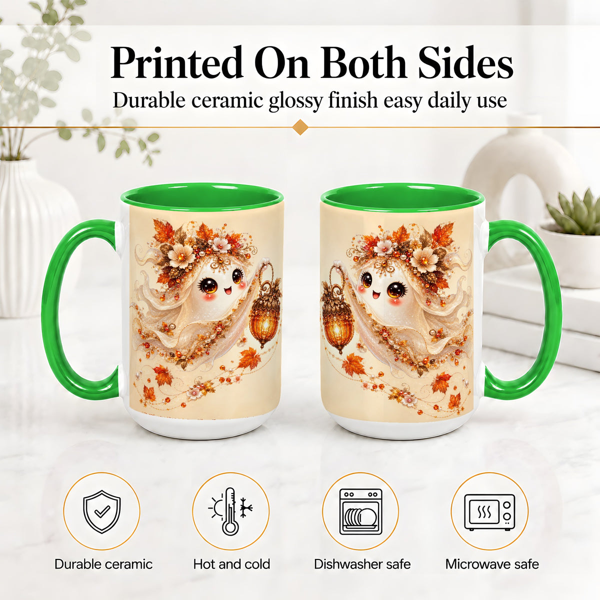 #pl[15oz|Green] Autumn Ghost Lantern Ceramic Mug, Fall Floral Art for Ghost Fans