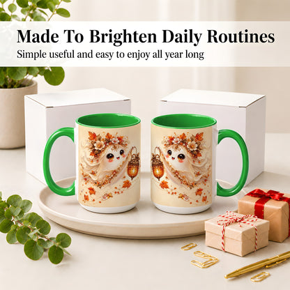 #pl[15oz|Green] Autumn Ghost Lantern Ceramic Mug, Fall Floral Art for Ghost Fans