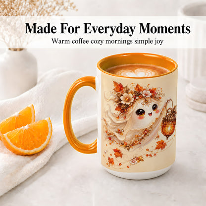 #pl[15oz|Orange] Autumn Ghost Lantern Ceramic Mug, Fall Floral Art for Ghost Fans