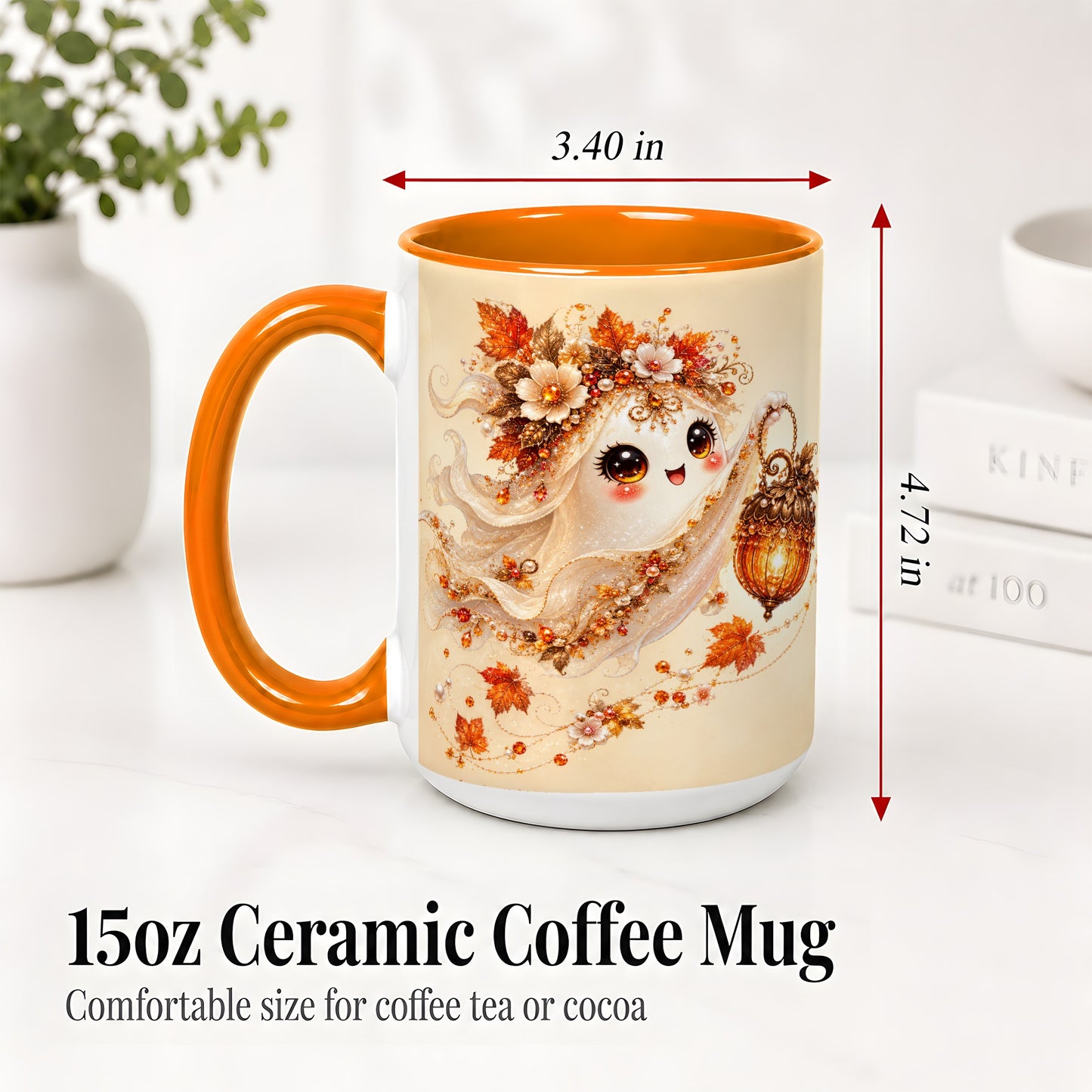 #pl[15oz|Orange] Autumn Ghost Lantern Ceramic Mug, Fall Floral Art for Ghost Fans