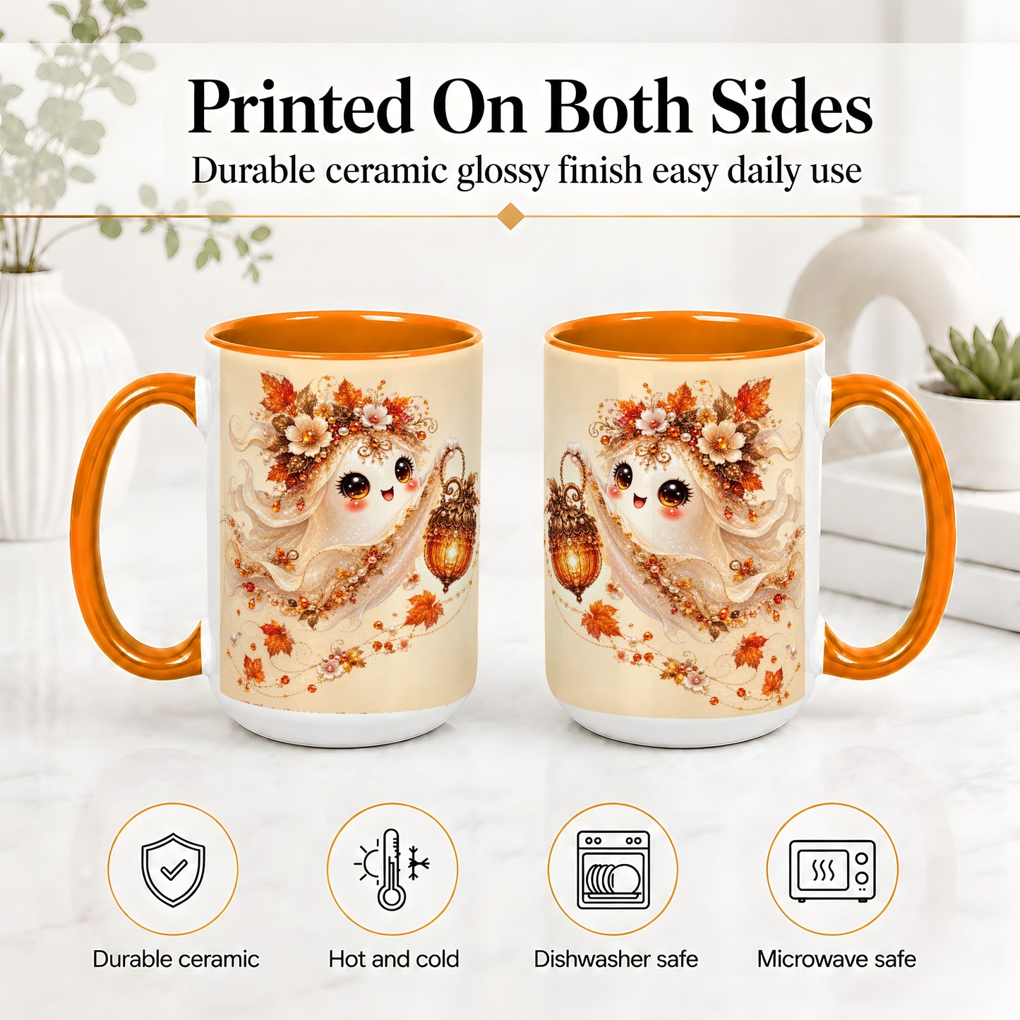 #pl[15oz|Orange] Autumn Ghost Lantern Ceramic Mug, Fall Floral Art for Ghost Fans