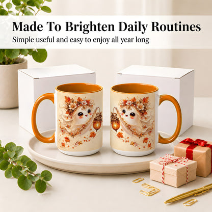 #pl[15oz|Orange] Autumn Ghost Lantern Ceramic Mug, Fall Floral Art for Ghost Fans