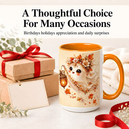 #pl[15oz|Orange] Autumn Ghost Lantern Ceramic Mug, Fall Floral Art for Ghost Fans