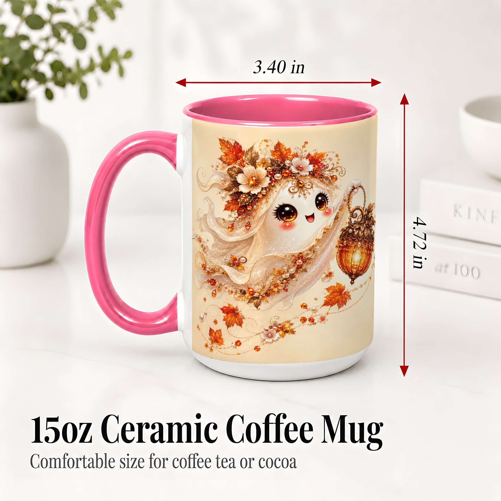 #pl[15oz|Pink] Autumn Ghost Lantern Ceramic Mug, Fall Floral Art for Ghost Fans