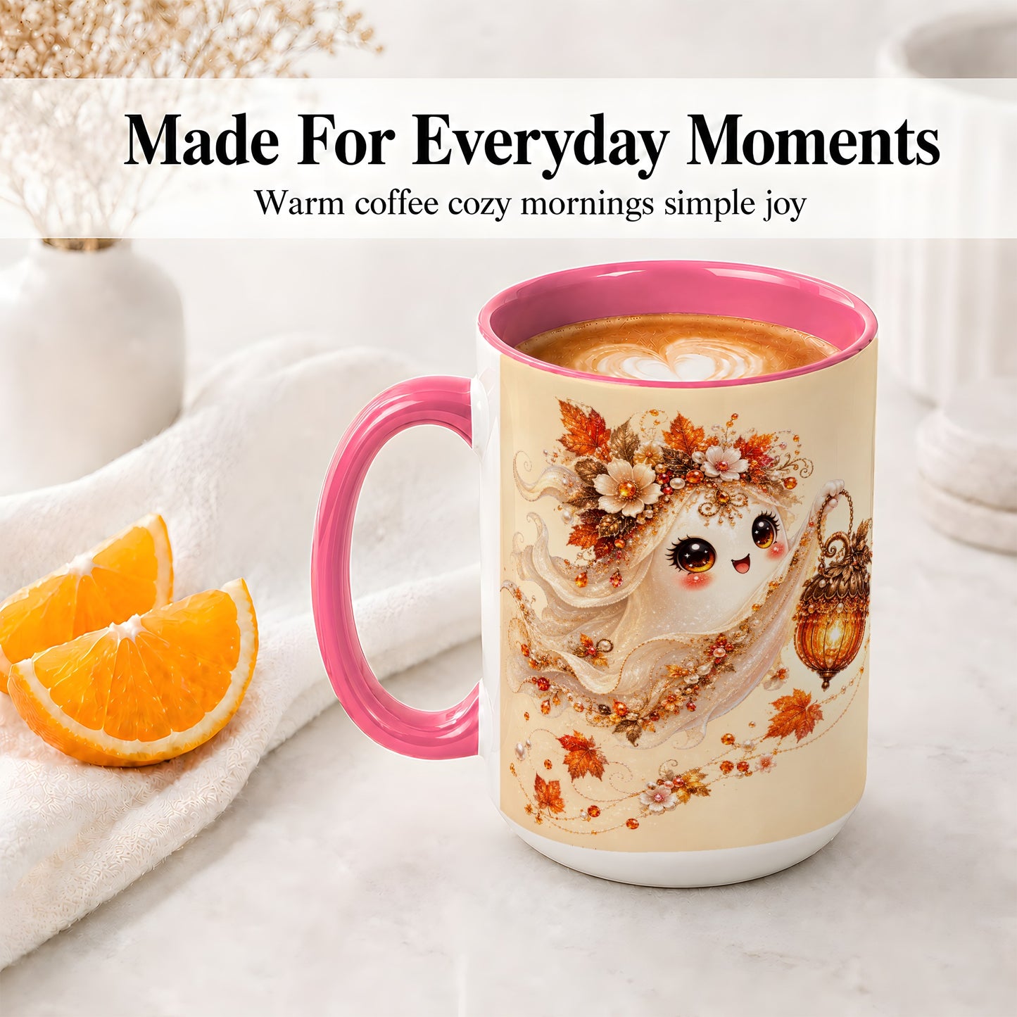 #pl[15oz|Pink] Autumn Ghost Lantern Ceramic Mug, Fall Floral Art for Ghost Fans