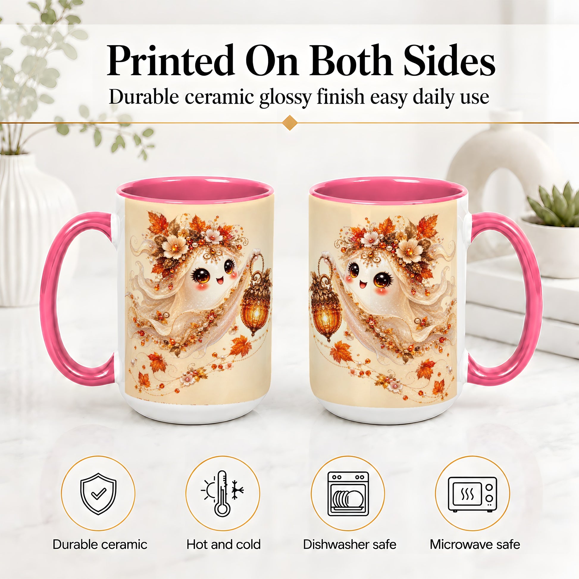 #pl[15oz|Pink] Autumn Ghost Lantern Ceramic Mug, Fall Floral Art for Ghost Fans
