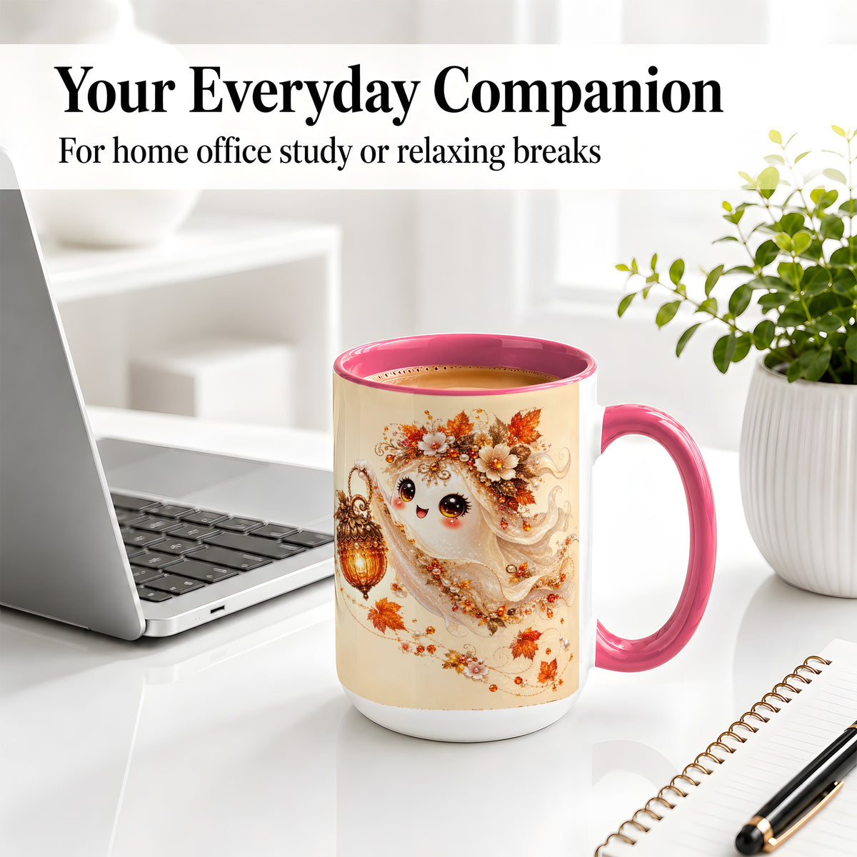 #pl[15oz|Pink] Autumn Ghost Lantern Ceramic Mug, Fall Floral Art for Ghost Fans