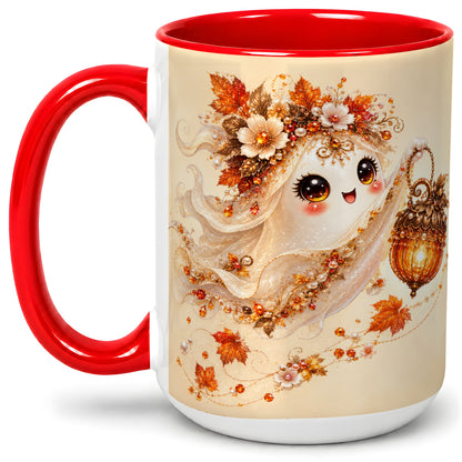 #pl[15oz|Red] Autumn Ghost Lantern Ceramic Mug, Fall Floral Art for Ghost Fans