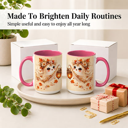 #pl[15oz|Pink] Autumn Ghost Lantern Ceramic Mug, Fall Floral Art for Ghost Fans