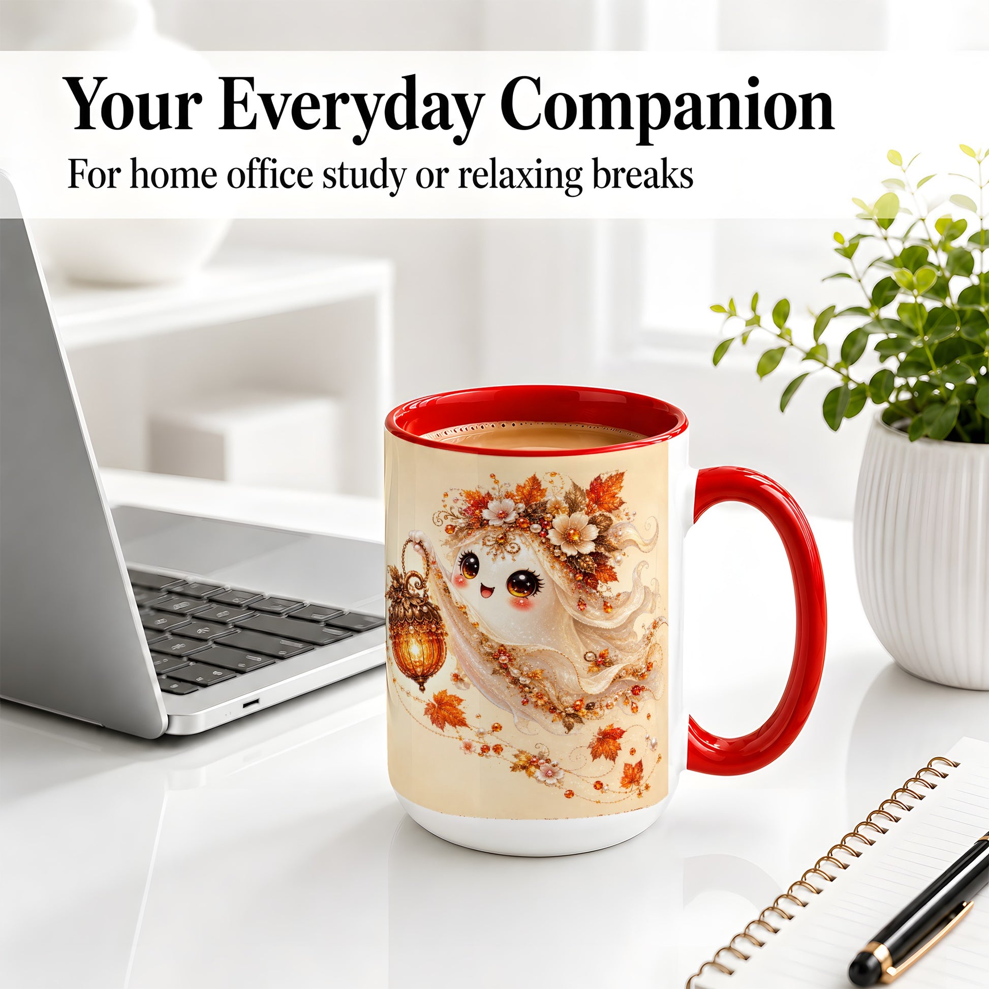 #pl[15oz|Red] Autumn Ghost Lantern Ceramic Mug, Fall Floral Art for Ghost Fans