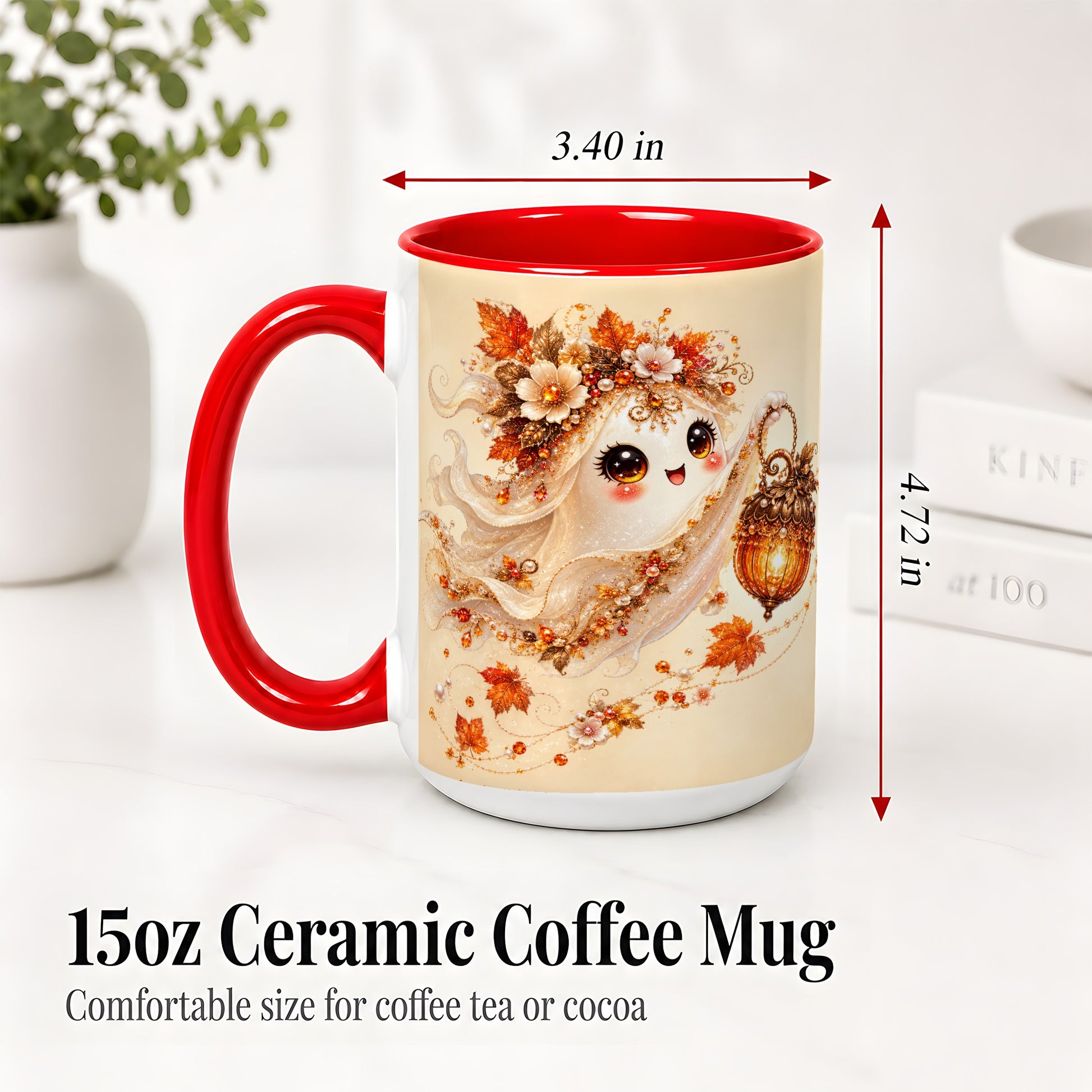 #pl[15oz|Red] Autumn Ghost Lantern Ceramic Mug, Fall Floral Art for Ghost Fans