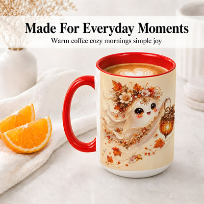 #pl[15oz|Red] Autumn Ghost Lantern Ceramic Mug, Fall Floral Art for Ghost Fans