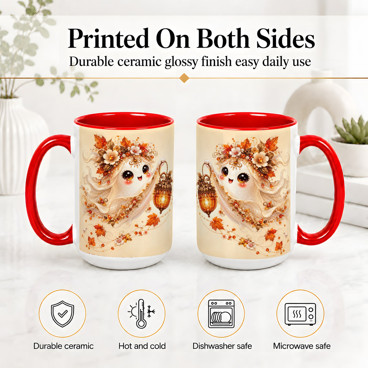 #pl[15oz|Red] Autumn Ghost Lantern Ceramic Mug, Fall Floral Art for Ghost Fans