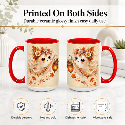 #pl[15oz|Red] Autumn Ghost Lantern Ceramic Mug, Fall Floral Art for Ghost Fans