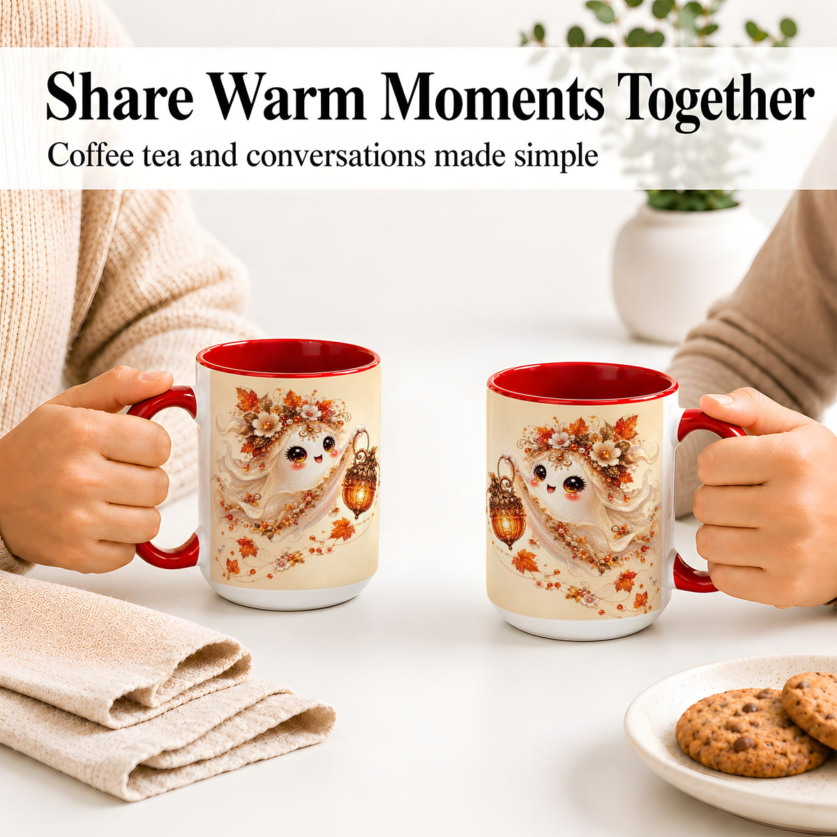 #pl[15oz|Red] Autumn Ghost Lantern Ceramic Mug, Fall Floral Art for Ghost Fans
