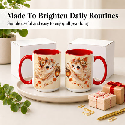 #pl[15oz|Red] Autumn Ghost Lantern Ceramic Mug, Fall Floral Art for Ghost Fans