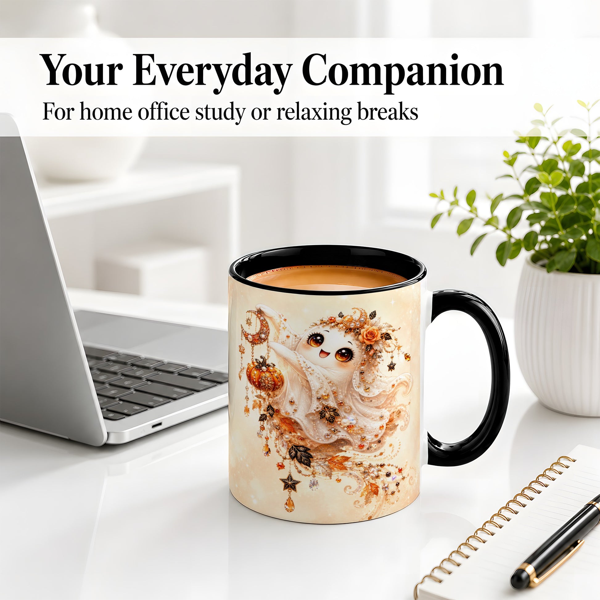 #pl[11oz|Black] Celestial Autumn Ghost Ceramic Mug, Moon Pumpkin Art for Ghost Fans