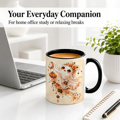#pl[11oz|Black] Celestial Autumn Ghost Ceramic Mug, Moon Pumpkin Art for Ghost Fans