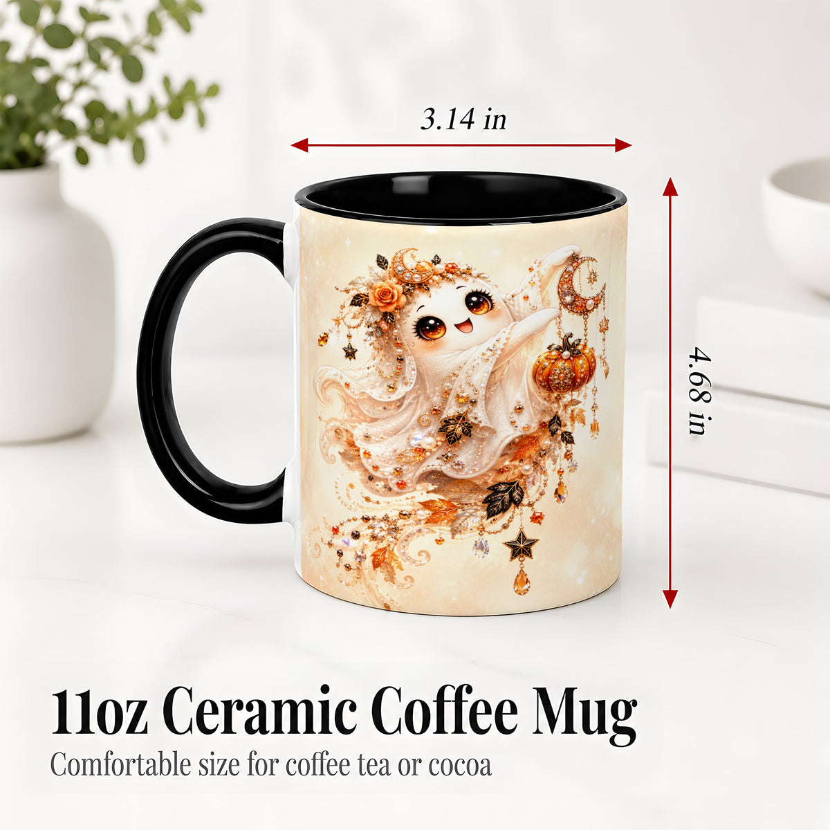 #pl[11oz|Black] Celestial Autumn Ghost Ceramic Mug, Moon Pumpkin Art for Ghost Fans