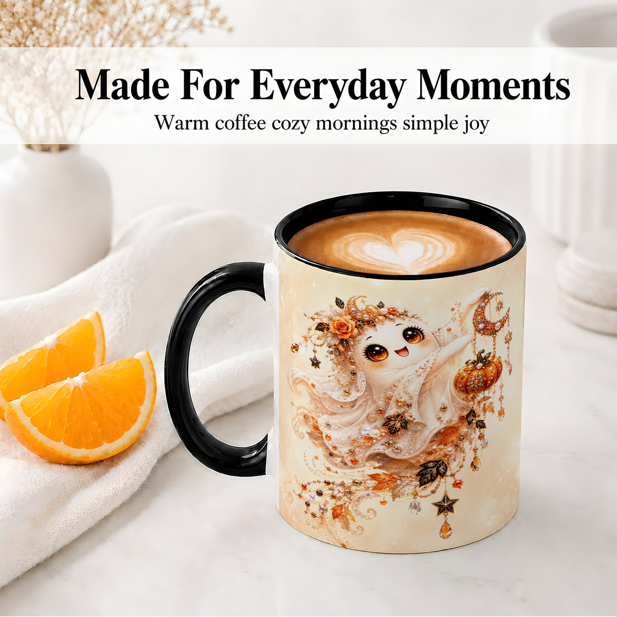 #pl[11oz|Black] Celestial Autumn Ghost Ceramic Mug, Moon Pumpkin Art for Ghost Fans