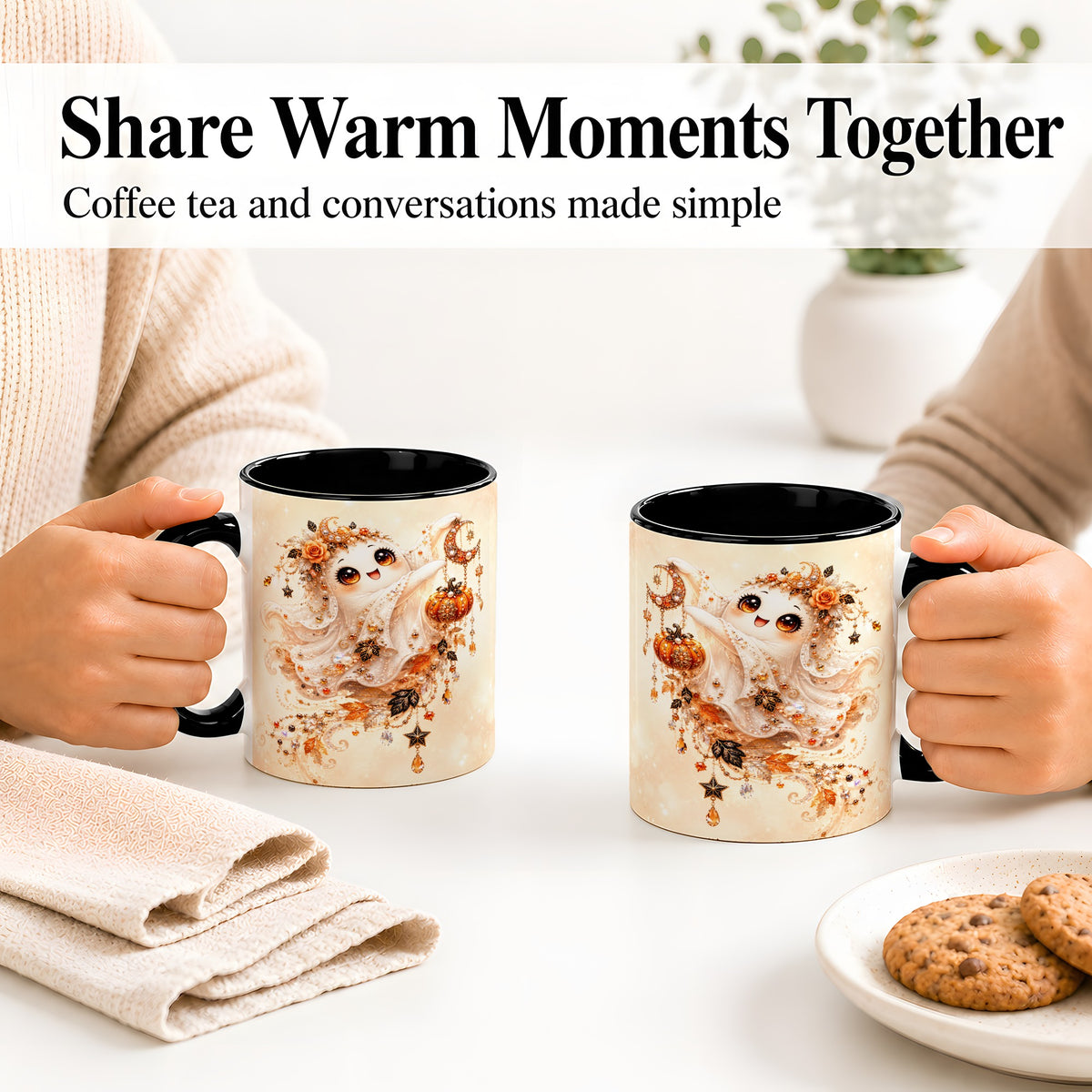 #pl[11oz|Black] Celestial Autumn Ghost Ceramic Mug, Moon Pumpkin Art for Ghost Fans