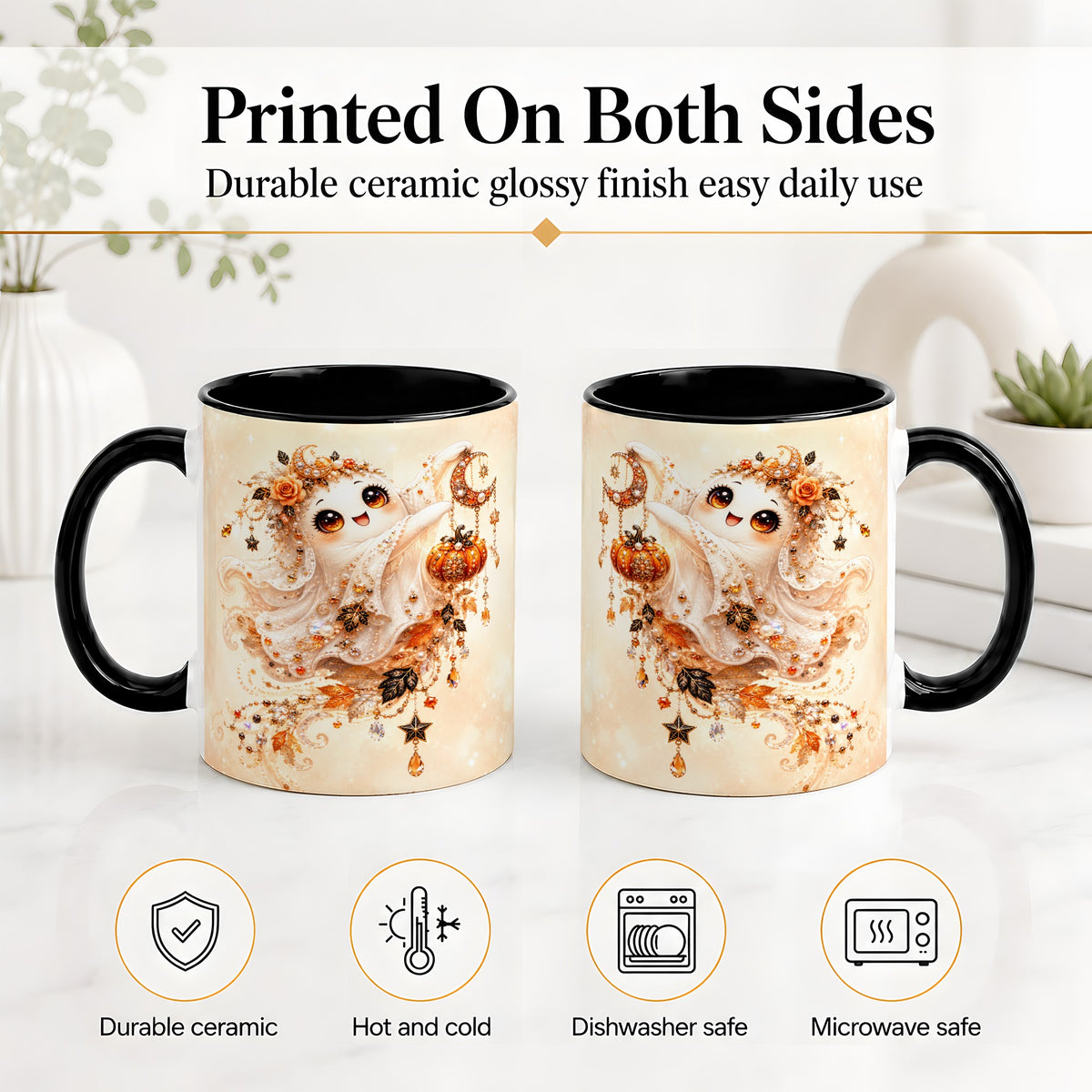 #pl[11oz|Black] Celestial Autumn Ghost Ceramic Mug, Moon Pumpkin Art for Ghost Fans