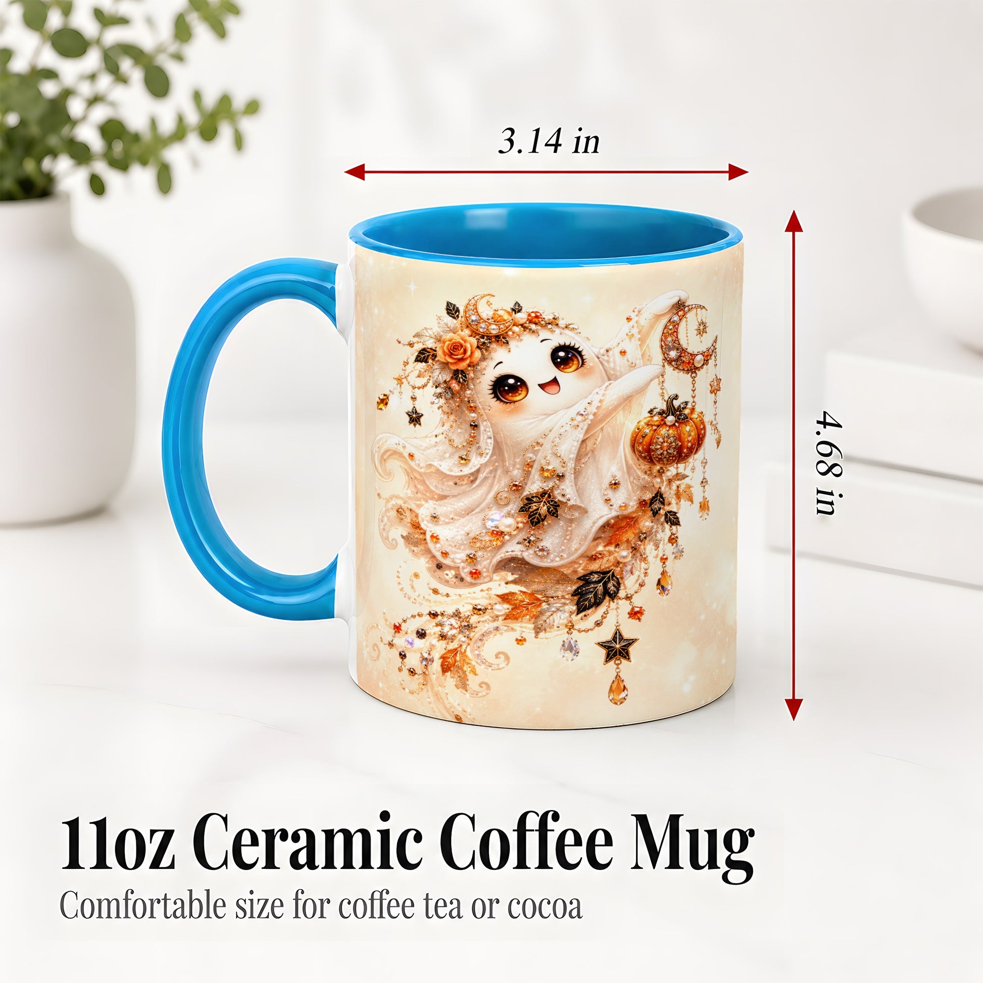 #pl[11oz|Blue] Celestial Autumn Ghost Ceramic Mug, Moon Pumpkin Art for Ghost Fans