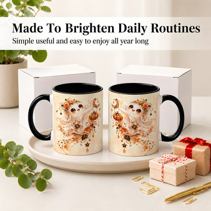 #pl[11oz|Black] Celestial Autumn Ghost Ceramic Mug, Moon Pumpkin Art for Ghost Fans