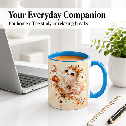 #pl[11oz|Blue] Celestial Autumn Ghost Ceramic Mug, Moon Pumpkin Art for Ghost Fans